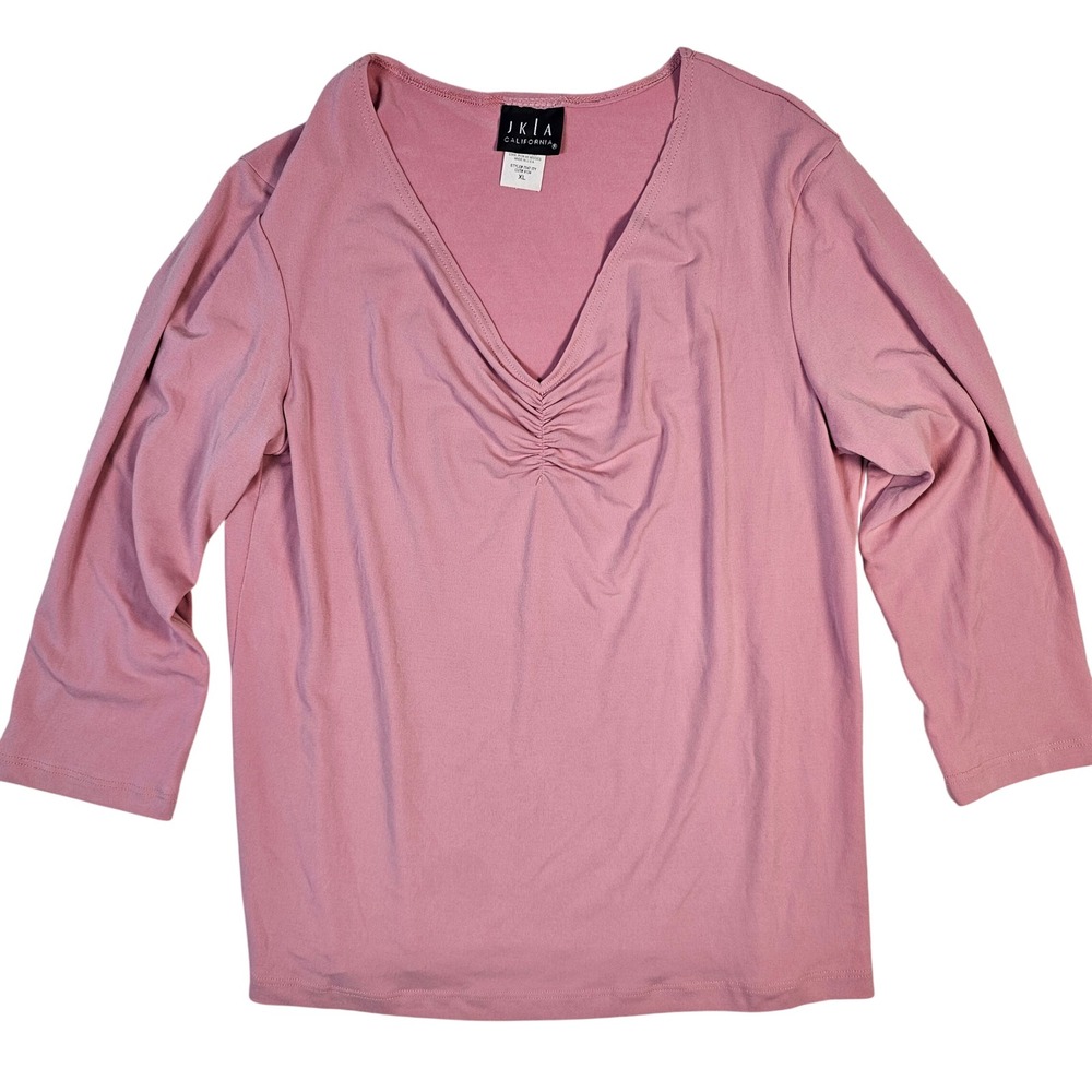JKLA California Womens XL Mauve Pink Ruched V-Neck 3/4 Sleeve ITY Top 7547 ITY